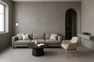 salotto con parete e pavimento in microcemento grigio